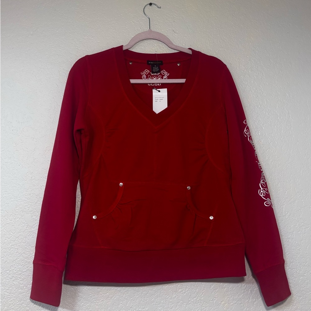 Y2K BGBG Red V-Neck Sweatshirt with Embroidered Sleeves
